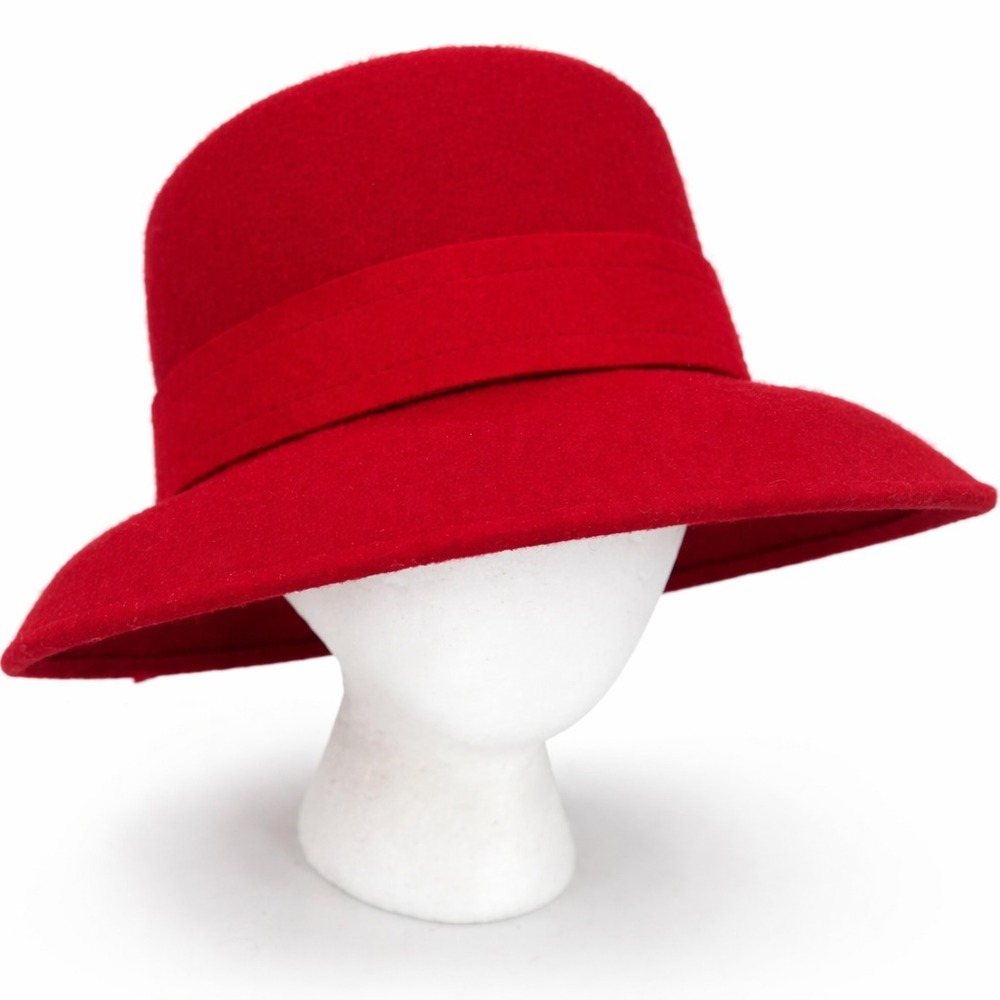Hat Stuff Womens Wide Brim Bucket Fashion Hat One Size Red Wool Bow Hatband